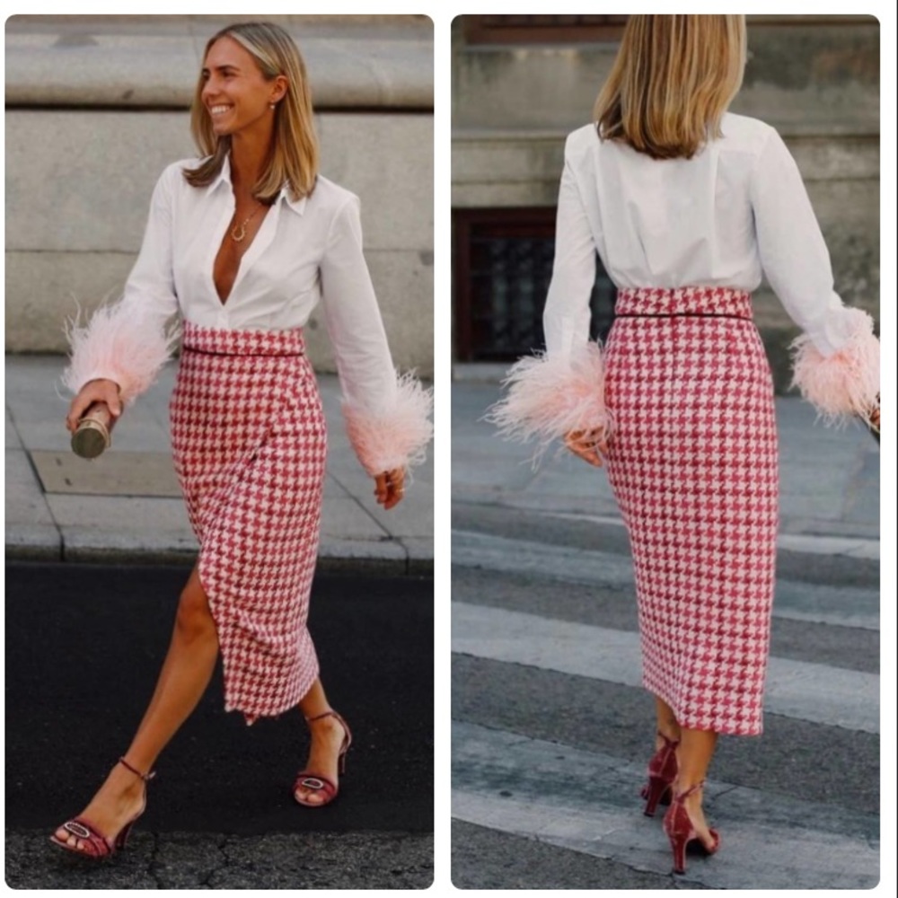 Zara pink tweed style houndstooth skirt with slit